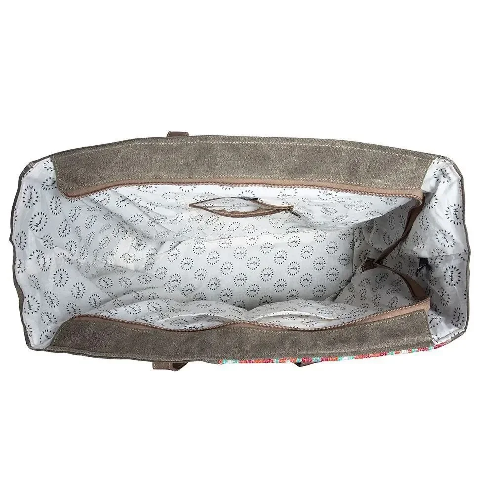 Myra Bag Handmade High Trails Weekender Bag Upcycled Canvas & Cowhide Leather